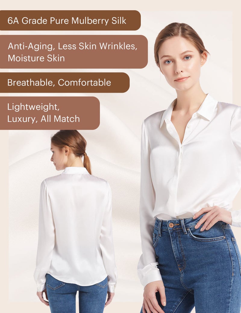 LilySilk بلوزة حرير نسائية من ليلي سيلك 100% حرير 22MM قميص بأزرار بأكمام طويلة تصميم كلاسيكي خالد لجميع المواسم للأعمال غير الرسمية، أبيض طبيعي M - Image 3